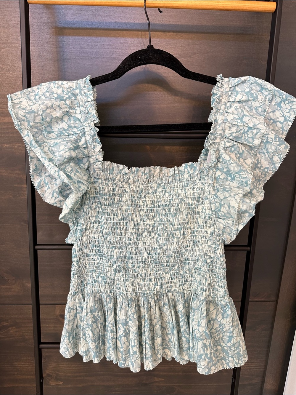 Anthropologie Light Blue Floral Smocked Flutter Sleeve Blouse